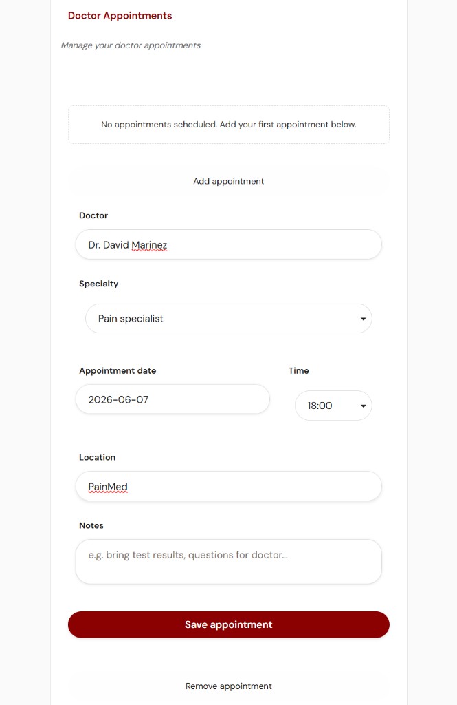 HelloFibro appointment form for doctor, specialty, date, time, location, and preparation notes.