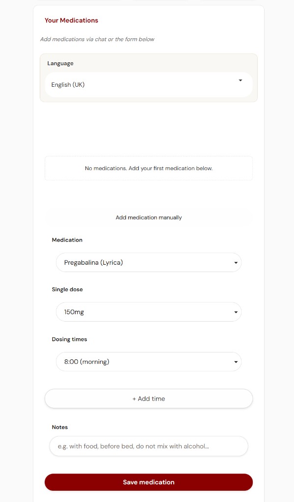 HelloFibro medication form with catalog selection, dose, schedule times, and notes.